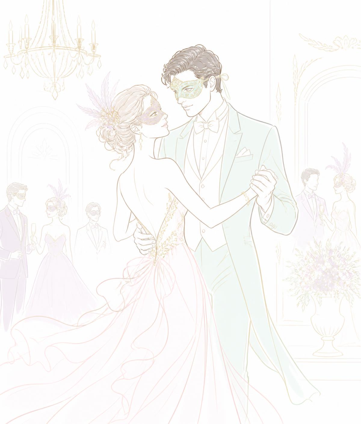 Illustration of a masked Dragon and Angel dancing at a private ball